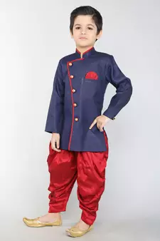 ANAN Blue Plain Blended Cotton Kids Sherwani & Dhoti