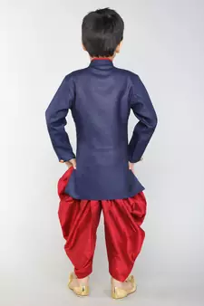 ANAN Blue Plain Blended Cotton Kids Sherwani & Dhoti