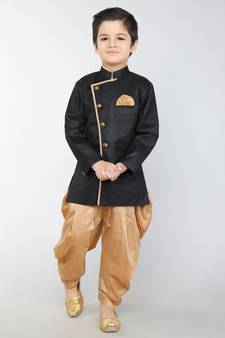 ANAN  Black Plain Blended Cotton Kids Sherwani & Dhoti