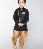 ANAN  Black Plain Blended Cotton Kids Sherwani & Dhoti