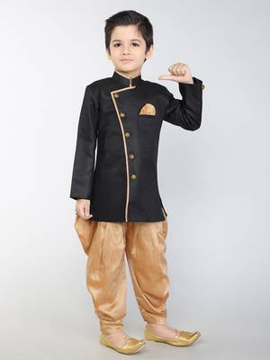 ANAN  Black Plain Blended Cotton Kids Sherwani & Dhoti 2