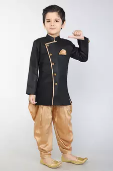 ANAN  Black Plain Blended Cotton Kids Sherwani & Dhoti