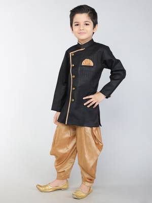 ANAN  Black Plain Blended Cotton Kids Sherwani & Dhoti 3