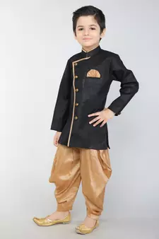 ANAN  Black Plain Blended Cotton Kids Sherwani & Dhoti
