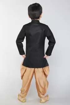 ANAN  Black Plain Blended Cotton Kids Sherwani & Dhoti