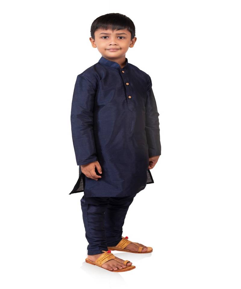 ANAN  Boys' Blue Cotton Silk Kurta & Pyjama Plain Set