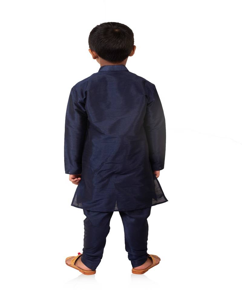 ANAN  Boys' Blue Cotton Silk Kurta & Pyjama Plain Set