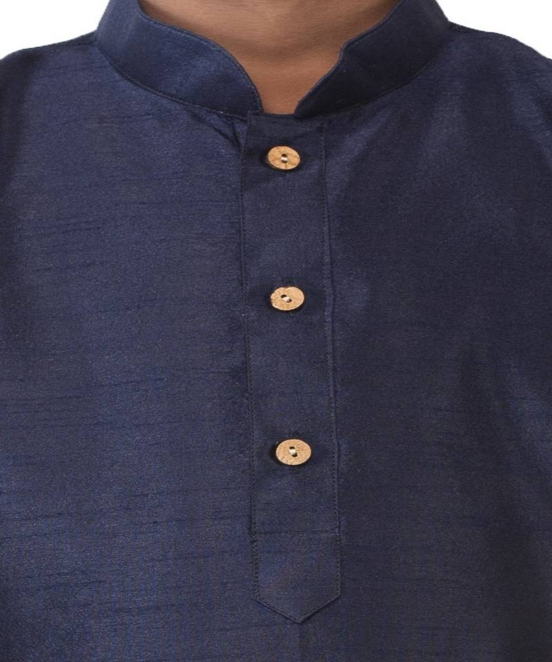 ANAN  Boys' Blue Cotton Silk Kurta & Pyjama Plain Set