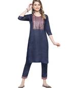 Mohvogue Women's Navy Blue Silk Blend Kurta With Pant