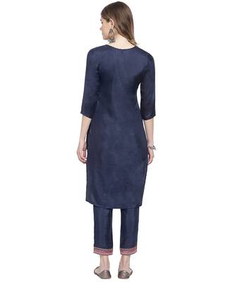 Mohvogue Women's Navy Blue Silk Blend Kurta With Pant 4
