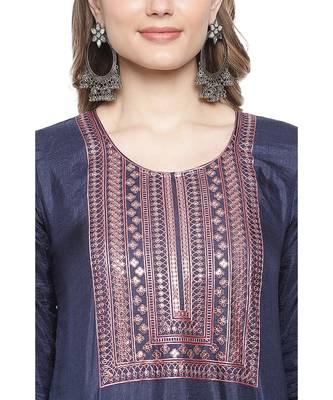 Mohvogue Women's Navy Blue Silk Blend Kurta With Pant 5