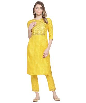 Mohvogue Women's Yellow Silk Blend Kurta With Pant. 1