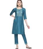 Mohvogue Women's Teal Silk Blend Kurta With Pant.