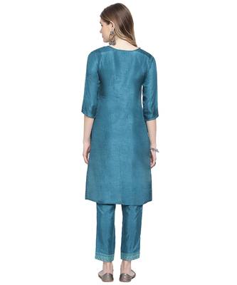 Mohvogue Women's Teal Silk Blend Kurta With Pant. 4