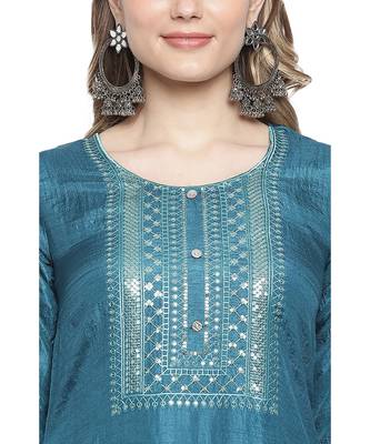 Mohvogue Women's Teal Silk Blend Kurta With Pant. 5