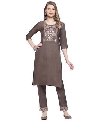 Mohvogue Women's Brown Silk Blend Kurta With Pant. 1