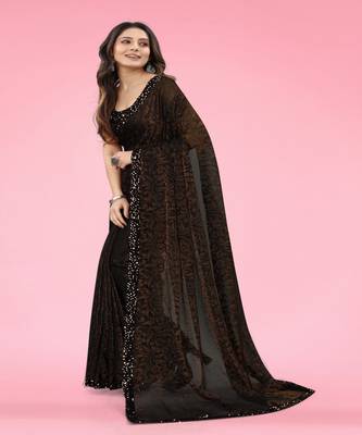 Women Brawn Lycra Blend Zari Print Saree 1