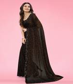 Women Brawn Lycra Blend Zari Print Saree