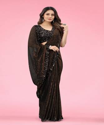 Women Brawn Lycra Blend Zari Print Saree 2