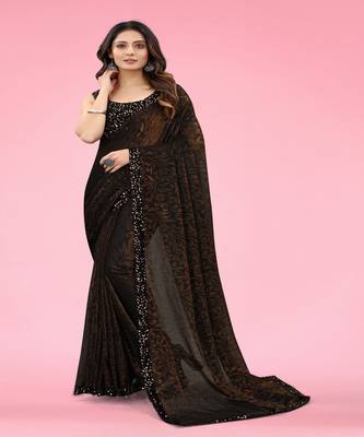 Women Brawn Lycra Blend Zari Print Saree 4