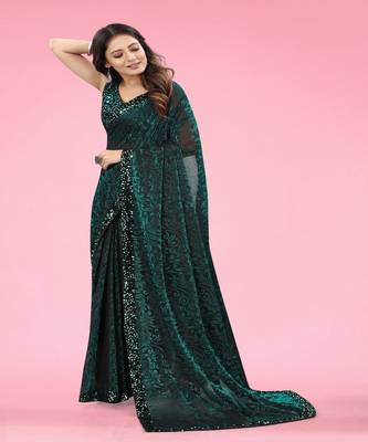 Women Green Lycra Blend Zari Print Saree 3