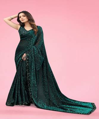 Women Green Lycra Blend Zari Print Saree 4
