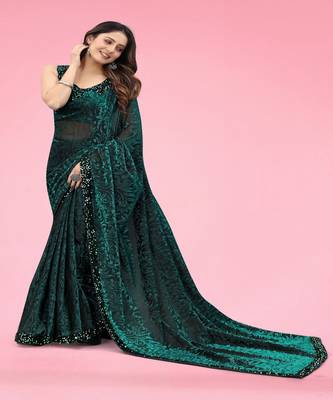 Women Green Lycra Blend Zari Print Saree 5