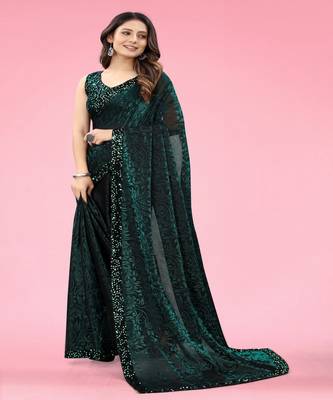 Women Green Lycra Blend Zari Print Saree 1
