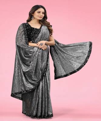Women Grey Lycra Blend Zari Print Saree 2