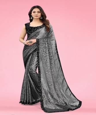 Women Grey Lycra Blend Zari Print Saree 5