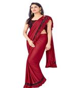 Women Red Lycra Blend Sequence  lace Saree