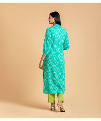 Turquoise printed cotton kurta-sets 4