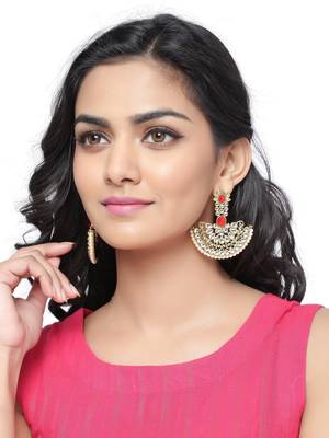 Embellished Red Kundan Stone With White Pearl Chandbali Earring for Women Girls 1