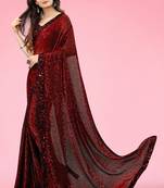 Maroon Lycra Blend Floral Printed Saree with Sequined Border
