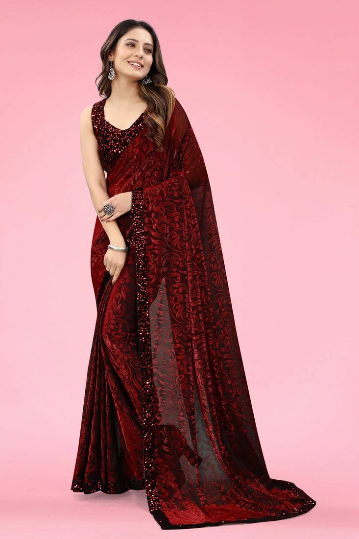 Maroon Lycra Blend Floral Printed Saree with Sequined Border