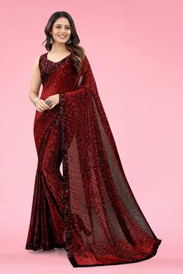 Maroon Lycra Blend Floral Printed Saree with Sequined Border 3