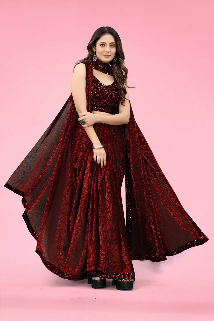 Maroon Lycra Blend Floral Printed Saree with Sequined Border