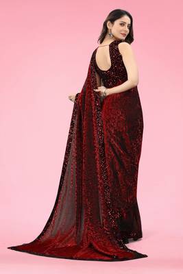 Maroon Lycra Blend Floral Printed Saree with Sequined Border 7