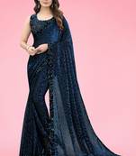 Women Teal Blue Lycra Blend Zari Print Saree