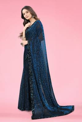 Women Teal Blue Lycra Blend Zari Print Saree 2
