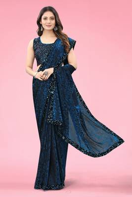 Women Teal Blue Lycra Blend Zari Print Saree 3