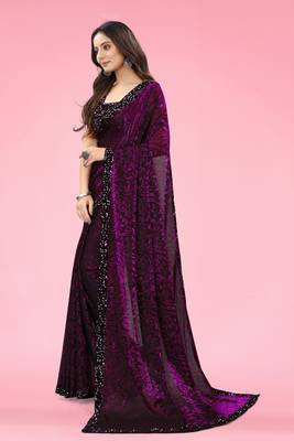 Purple Lycra Floral Design Saree with Sequin Border 2