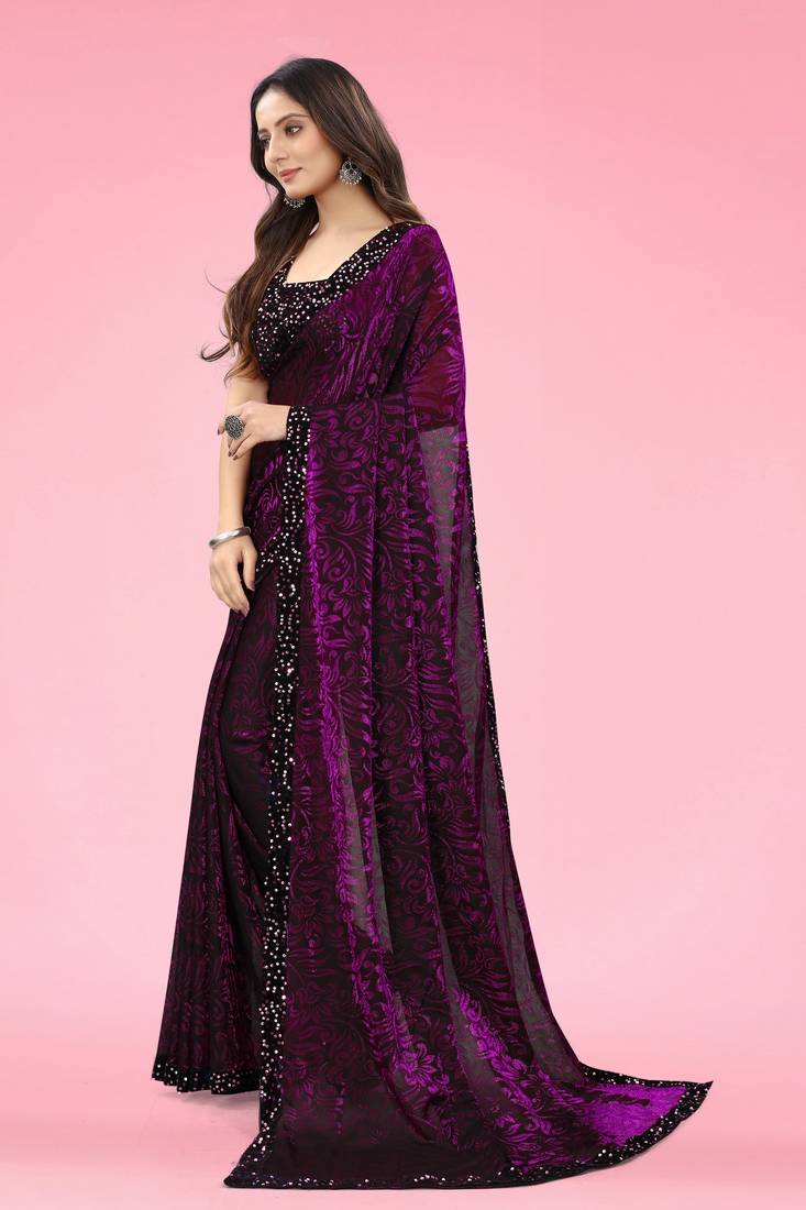 Purple Lycra Floral Design Saree with Sequin Border