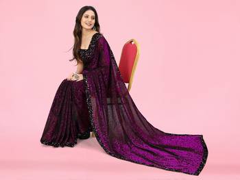 Purple Lycra Floral Design Saree with Sequin Border 3