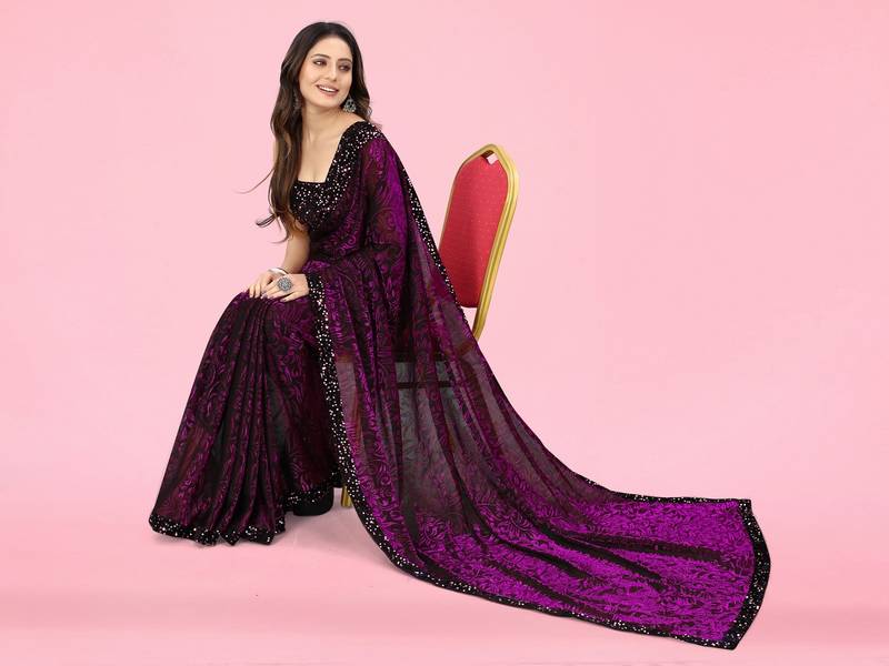 Purple Lycra Floral Design Saree with Sequin Border