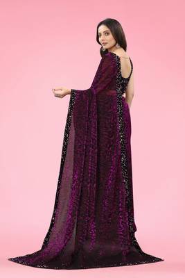 Purple Lycra Floral Design Saree with Sequin Border 4