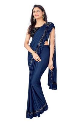 Women Navy Blue  Lycra Blend Sequence  lace Saree 2