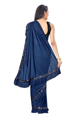 Women Navy Blue  Lycra Blend Sequence  lace Saree 3