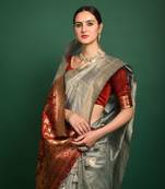 Pink woven linen saree with blouse
