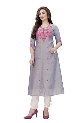 Trendmalls Grey embroidered chanderi ethnic Party Wear Festive Casual Wedding CHIKANKARI Premium Kurtis & Kurta  4